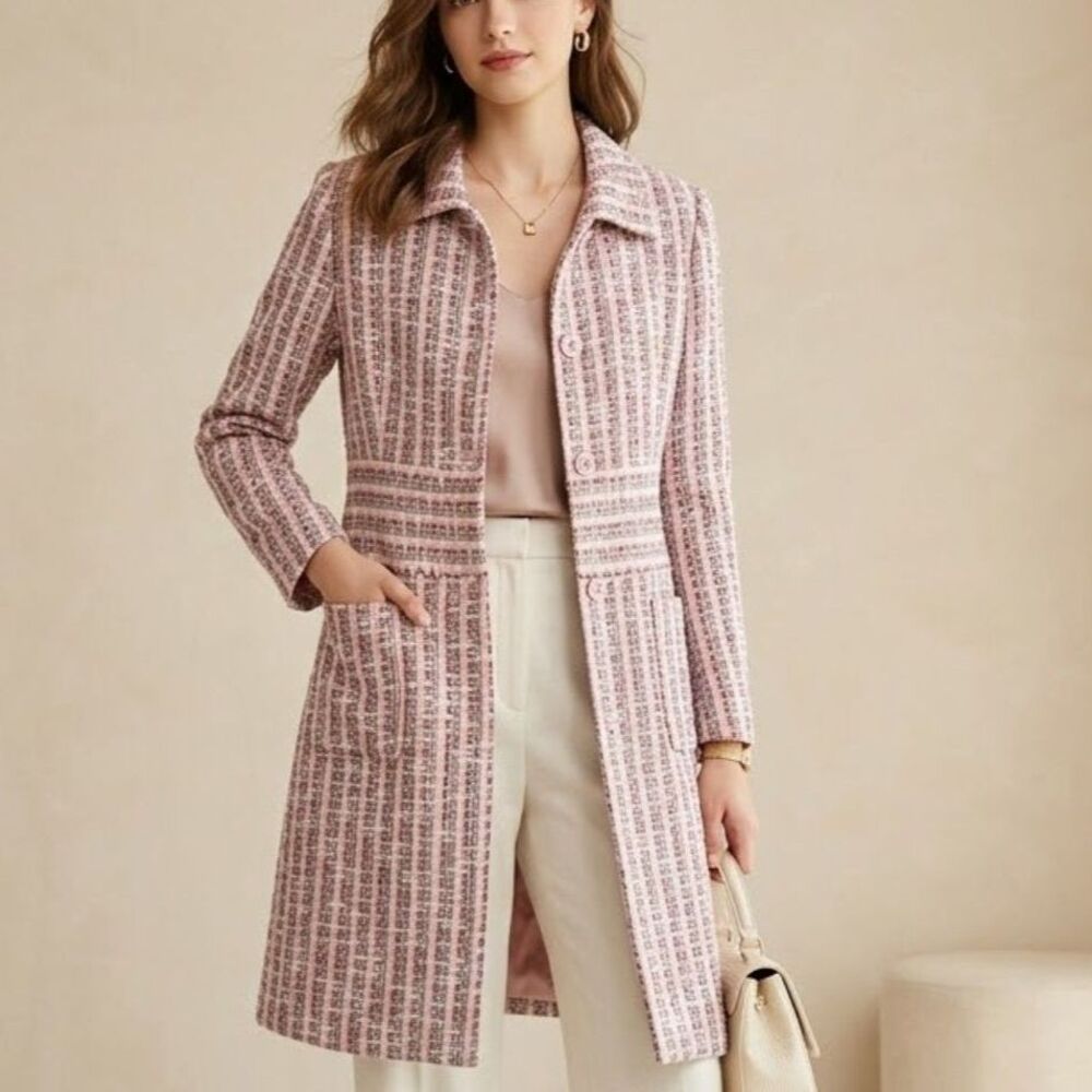 WDNY Pink Longlined Grey Tweed Button Trench Timeless Tailored Jacket SZ 8